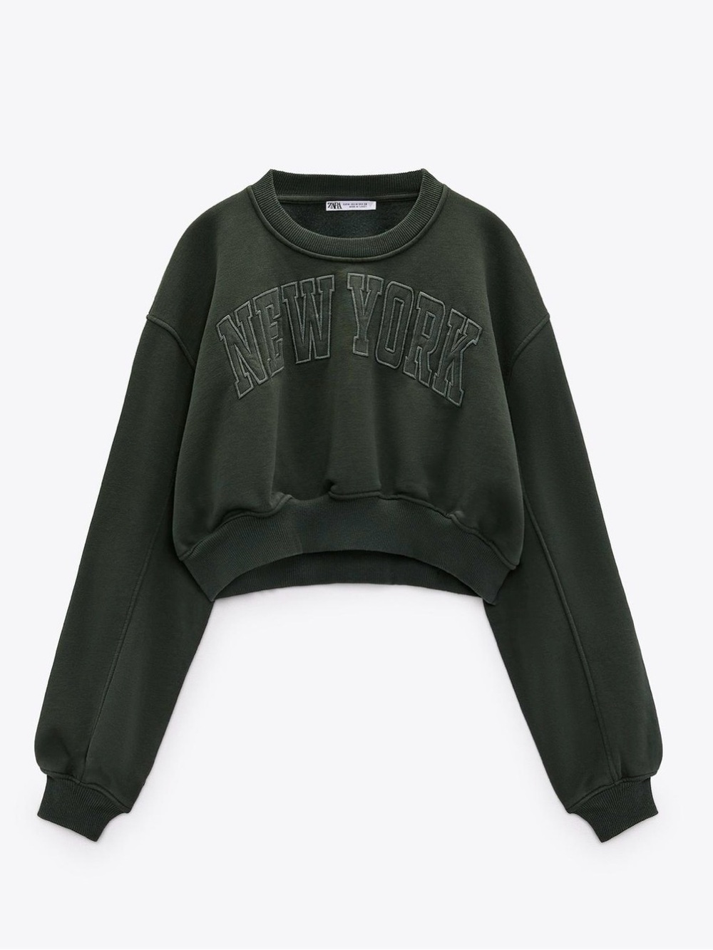 ZARA NWT New York Text Forest Green Cropped Crewneck Sweatshirt